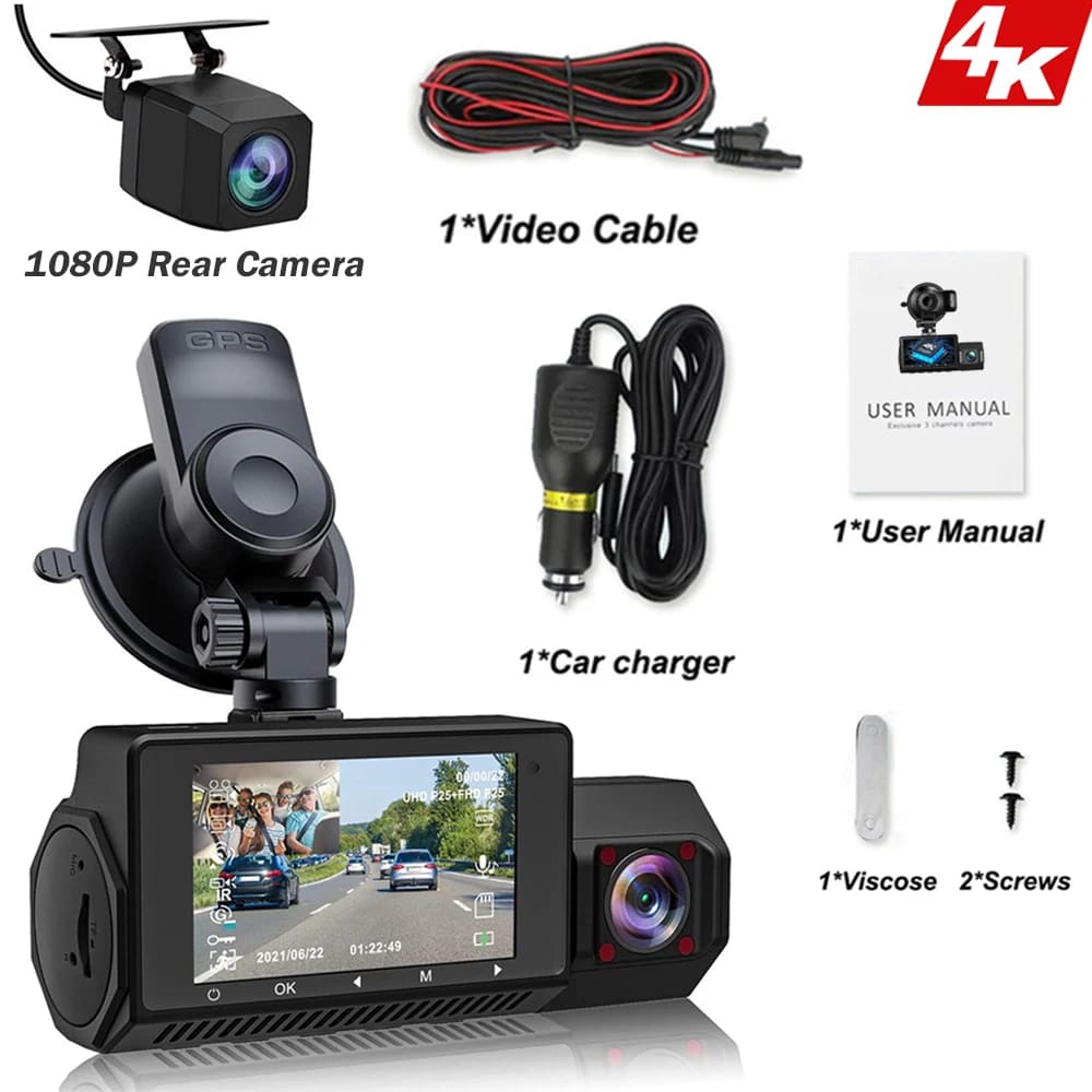 Dash Cam 4K Câmera para Carro Dashcam GPS Wifi 24h Monitor de Estacionamento Visão Noturna Dvr Frontal e Traseiro 3 Dvrs Kamera Video Registrator