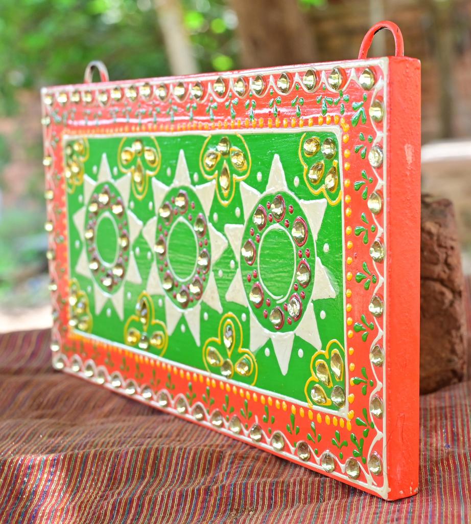 Indian Folk Art Mirror Work Wood Wall Panel: Hand-Painted Ethnic Decor