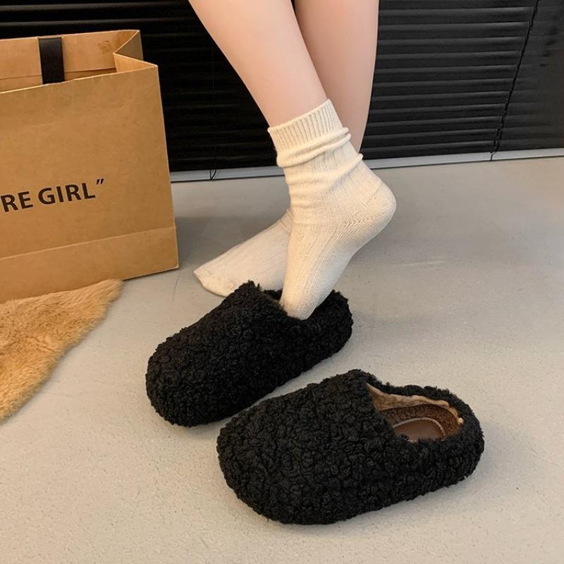 Women Lambswool Platform Slippers Winter Fur Shoes Ladies Flat Cotton Slides Home Pantuflas Daily Slip on Furry Mules Shoes