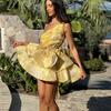 Printed Hollow Out Skew Collar Ruffled Hem Bubble Dress Women Backless High Waist Sleeveless Vacation Dresses Summer Street