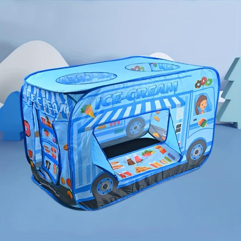 Game Tent Blue Ice Cream Car Pop up 3 Openings Children Play House Blue Dessert Truck Theme Game Room Suitable Indoor Outdoor