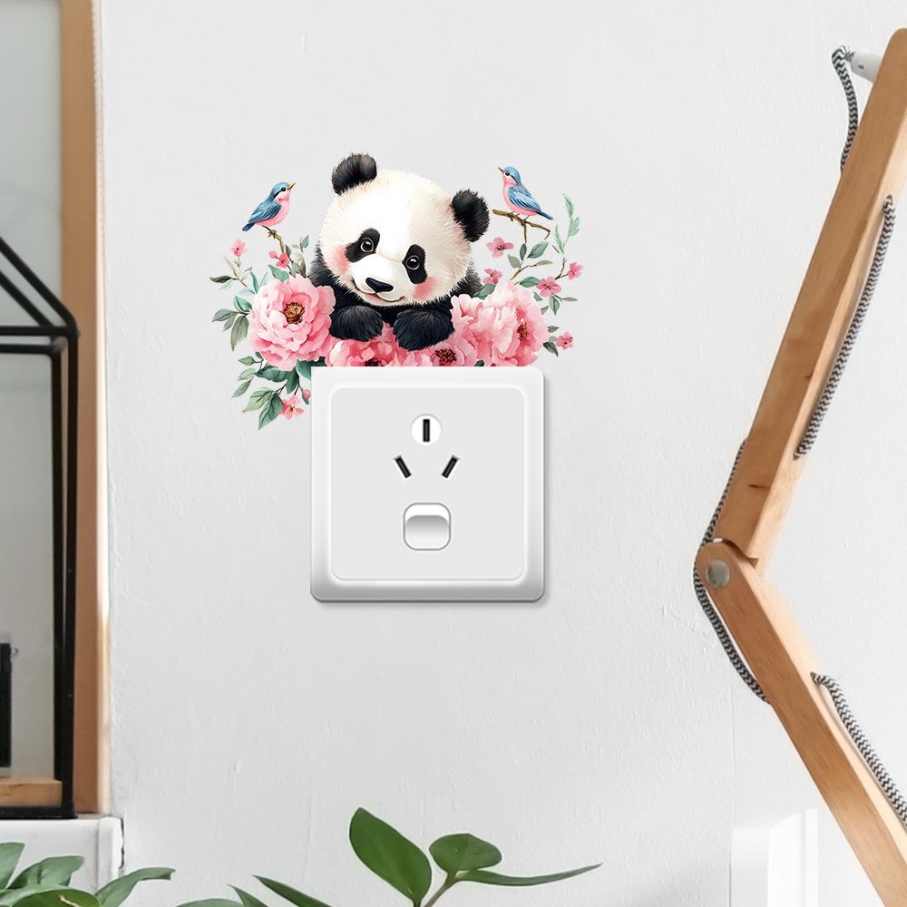 Aquarell-Blumen mit Rotem Panda Schalterplatten-Aufkleber für Schlafzimmer Wohnzimmer Hintergrundwand-Dekor Abnehmbare Folie