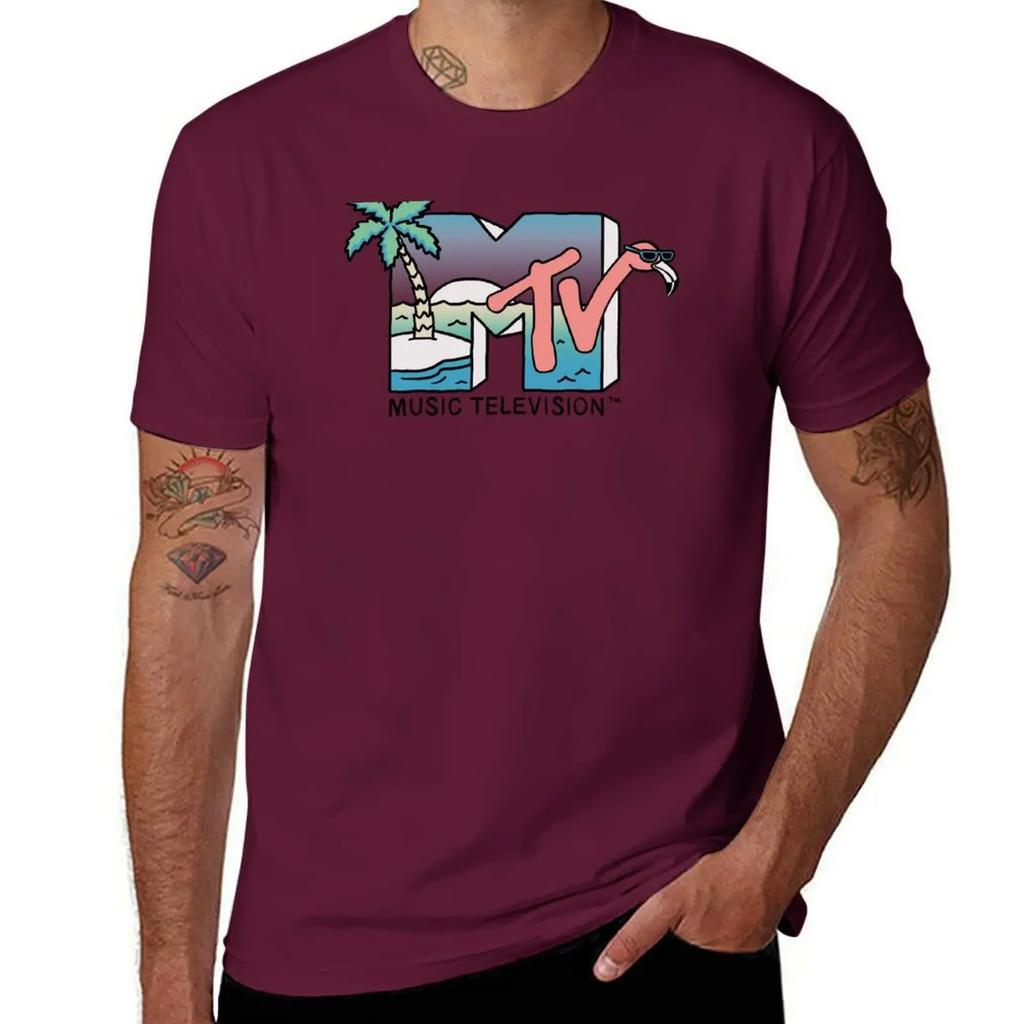 MTV Retro Beach Flamingo Scene Logo TShirt vintage Short sleeve tee cotton graphic tees black t shirts for men