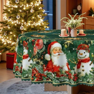 Christmas Round/Rectangular Tablecloth, Dark Green Santa Snowman Christmas Tree Gold Snowflake Decorative Cloth