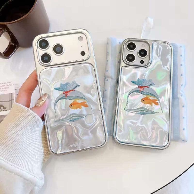 Cute Luck Goldfish Bag Water Ripple Silver Border Drop Glue Shock Proof Phone Cover Case for iPhone 17 16 15 14 Pro Max