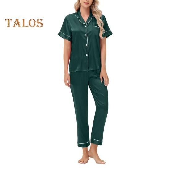 2-teiliges Pyjama-Set aus Satin, einreihig, Eisseide, Übergröße, Strickjacke, V-Ausschnitt, Reverskragen, einfarbiges Hemd, weites Bein, lockere Hose, Nachthemd