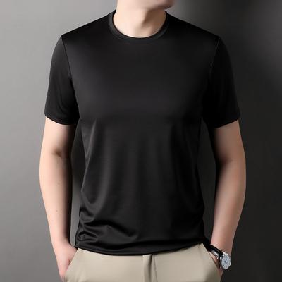Camiseta Polo de Seda de Gusano Hielo Manga Corta Cuello Redondo Transpirable Fresca Fina Interior Manga Media Tendencia Camiseta Básica para Hombre