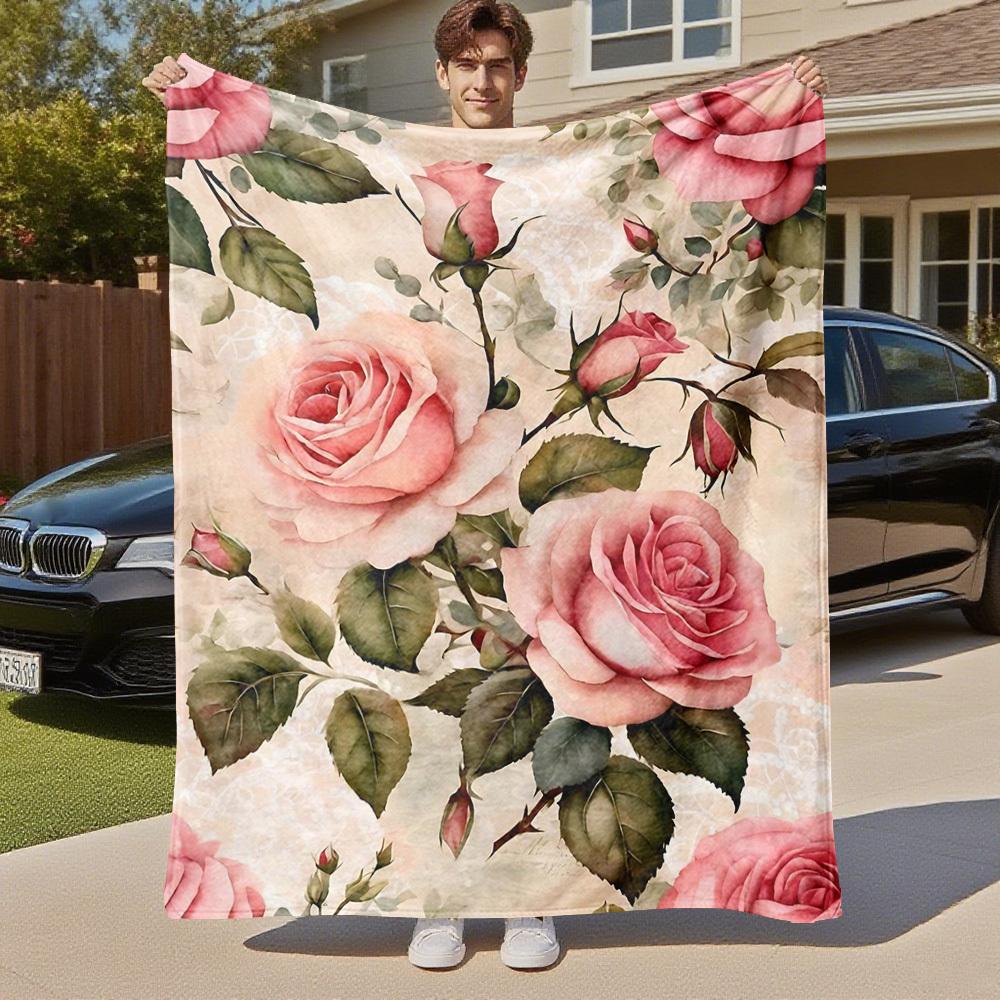 1PC Rose LaceOutdoor Flannel Blanket - Soft Plush Decor for Picnics, camping, Bedroom, Playroom, Office, or Lunch Break 1337A