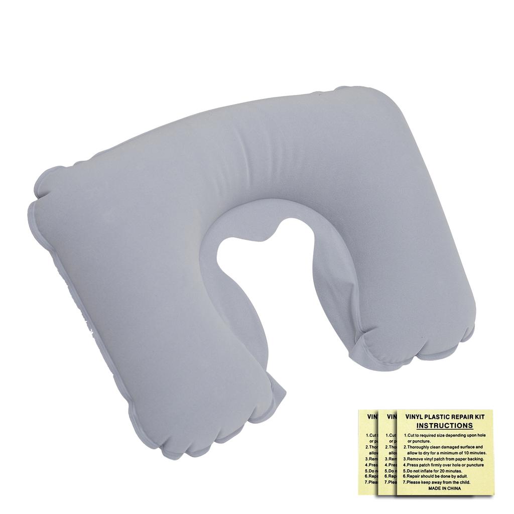 Inflatable flocking U-shaped pillow for outdoor travel. Inflatable pillow for storage and portable rest with leak repair patch
