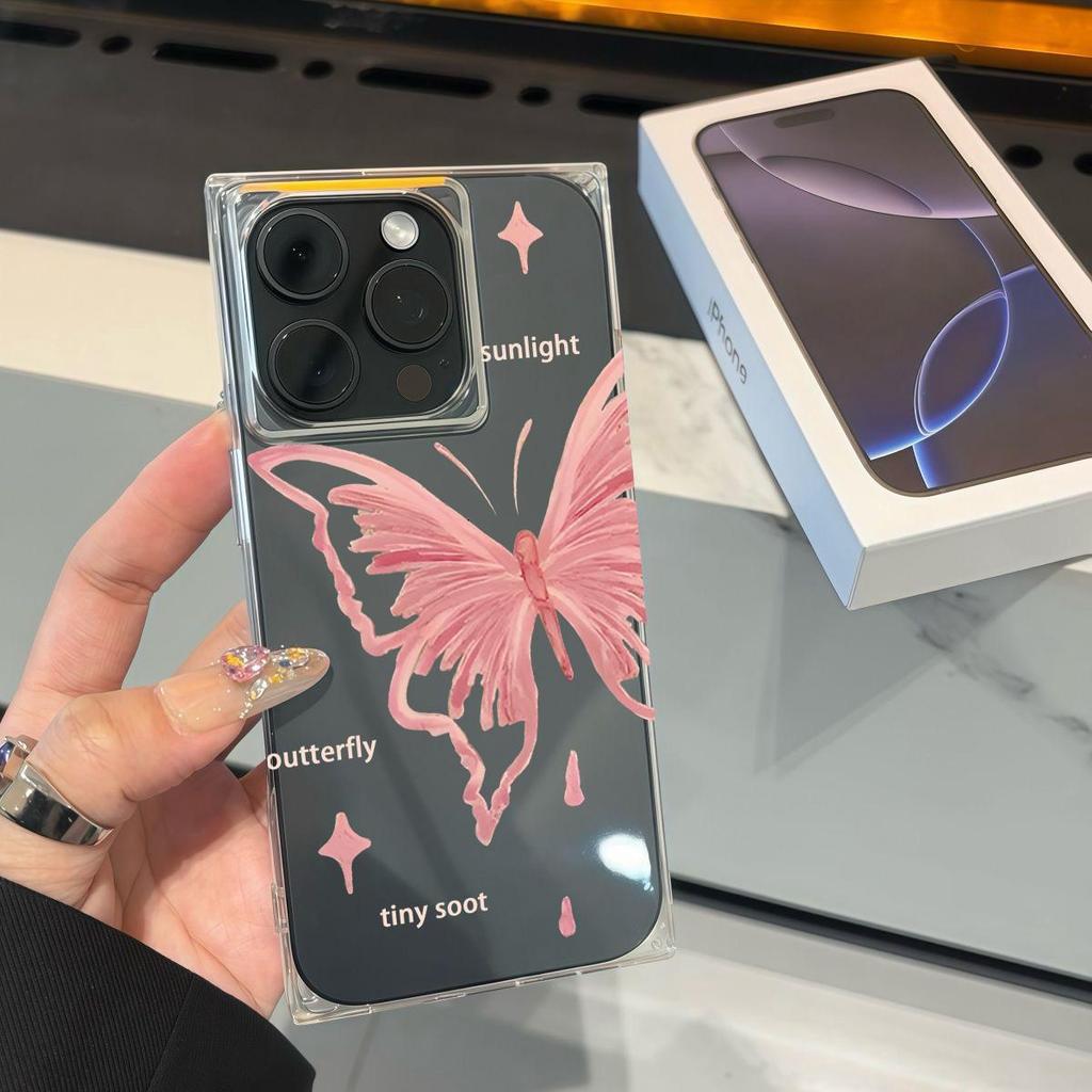 Square Back Tube Protection Clear Case For iPhone 13 11 16 ProMax 12 14 Pro Max 15 Plus Anti-Oxygen,Pink Butterfly Pattern Casing