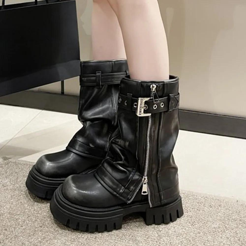 Fashion Brand Desinger Knight Women Mid Calf Boots Chunky High Heeled Platform Punk Motorcycle Long Booties Goth Street Shoes For Women