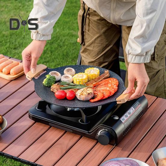 Litinový plech na pečení s rukojeťmi, nepřilnavá kulatá pánev na grilování steaků, mořských plodů, zeleniny, palačinek, multifunkční grilovací pánev na sporák, táborák