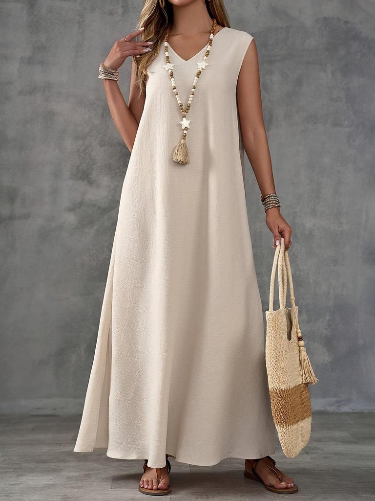 2025 Summer Sleeveless V-neck Side Slit Maxi Dress - Elegant Women's Long Dress