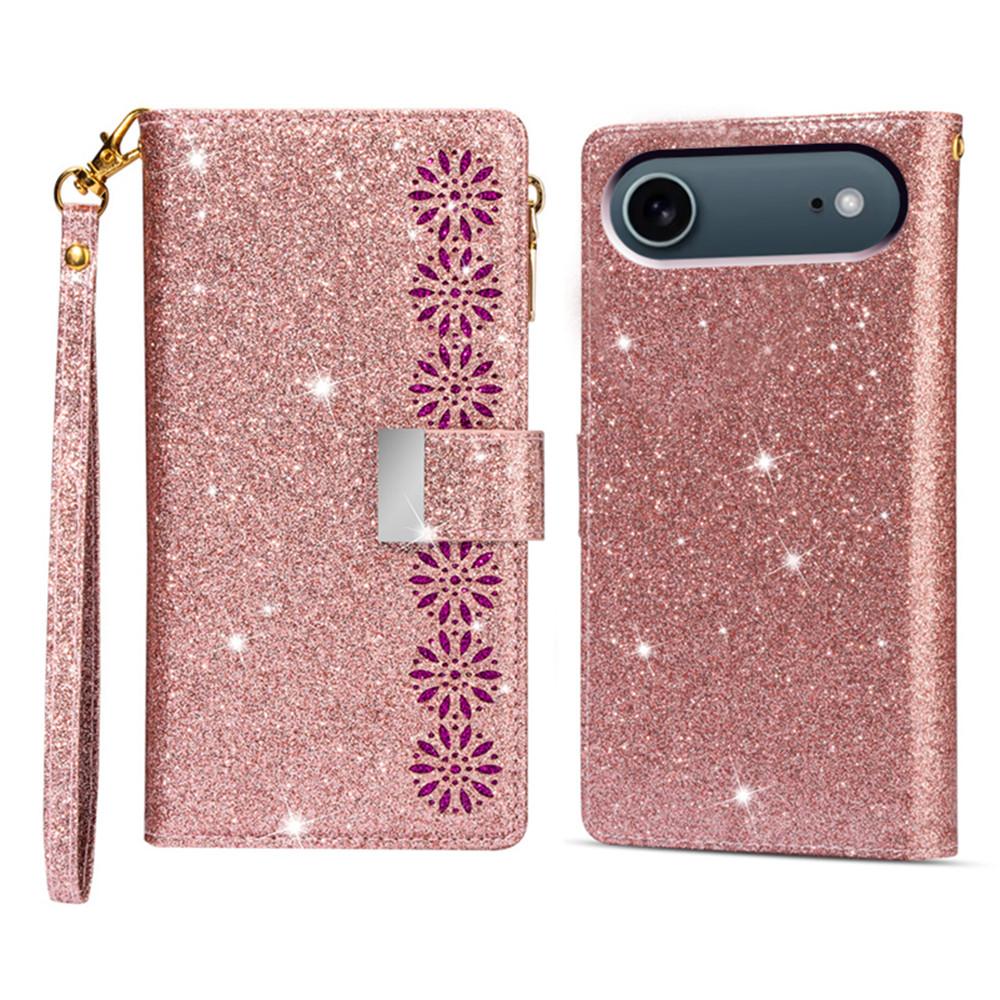 

For iPhone 17 Air Case Starry Sky Carving Leather Wallet Phone Cover with Wrist Strap Rose Gold