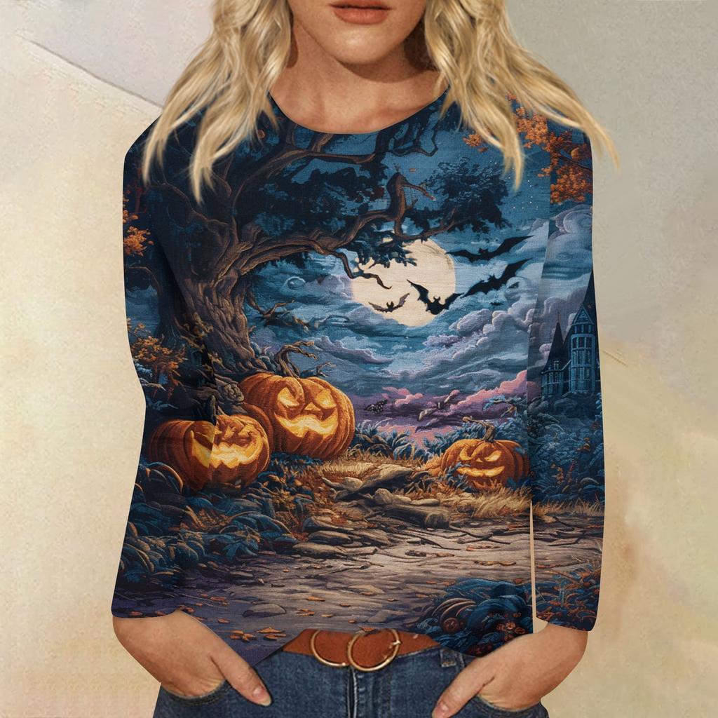 Modisches, lässiges Langarm-Oberteil mit Rundhalsausschnitt und Halloween-Print für Damen