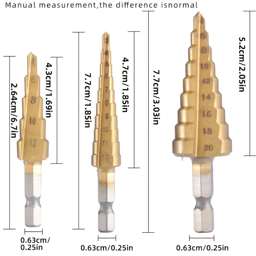 Sada stupňovitých vrtáků do plechu z HSS oceli s titanovým povlakem, (2mm-7.0mm) pro dřevo a kov - odolné, všestranné, efektivní, stupňovité vrtáky