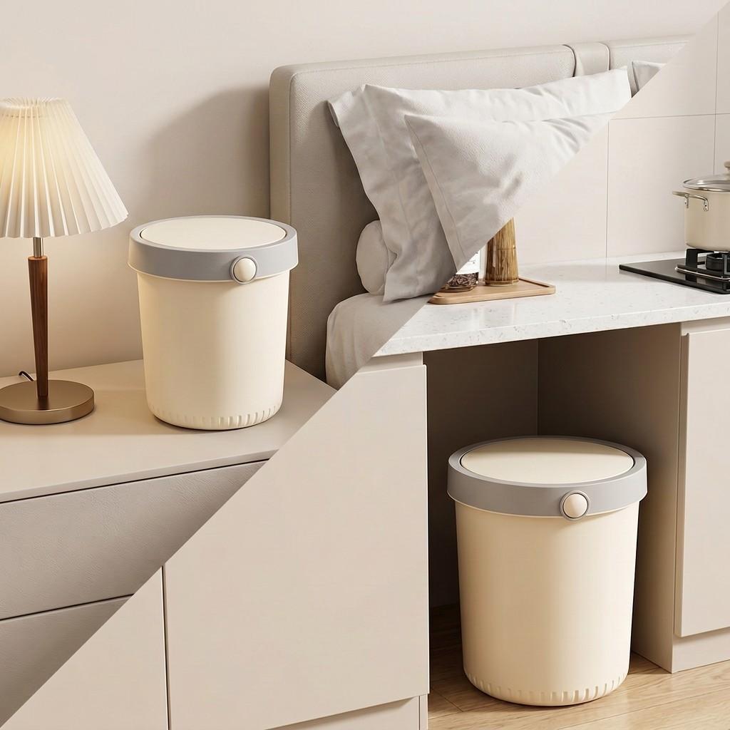 Beige Plastic Trash Can with Lid Push Button Round Wastebasket Odor-Proof Bathroom Kitchen Garbage Bin Desk Bedroom Dustbin