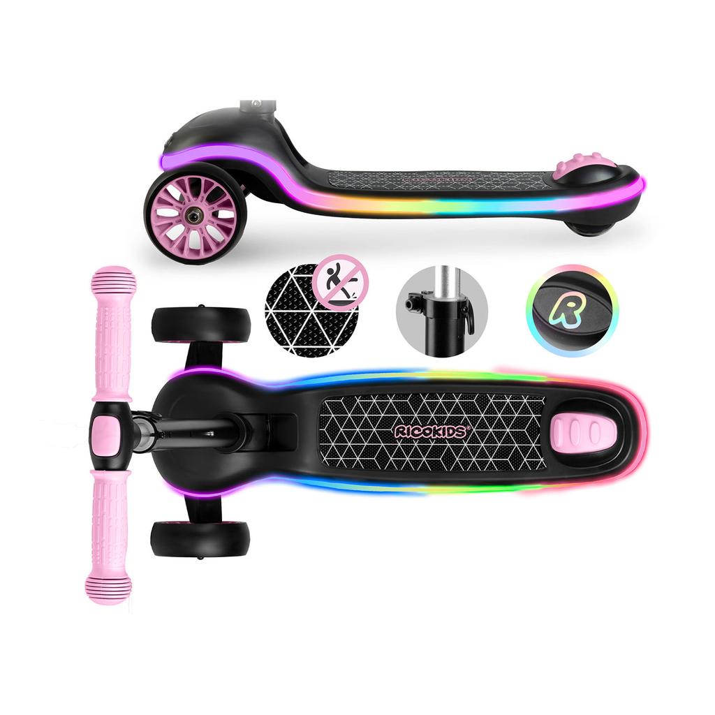 Three-Wheeled Scooter for Children Balancing LED Ricokids Leddi - Black-Pink