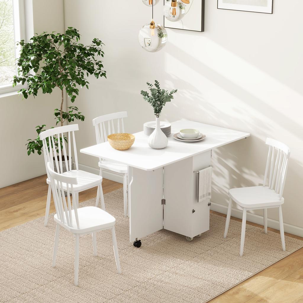 Folding Drop-Leaf Table with 3-Level Shelves, Box and Wheels, in MDF, 130x80x76.5 cm, White