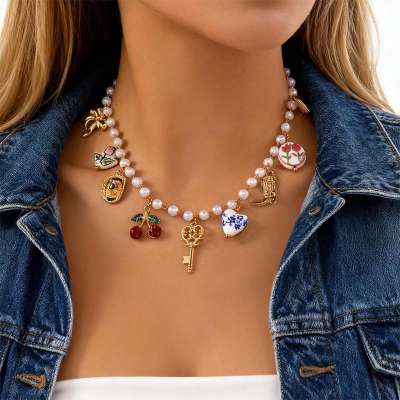 Handcrafted Alloy Necklace With Shell And Cherry Charm For Summer Vacation Wear