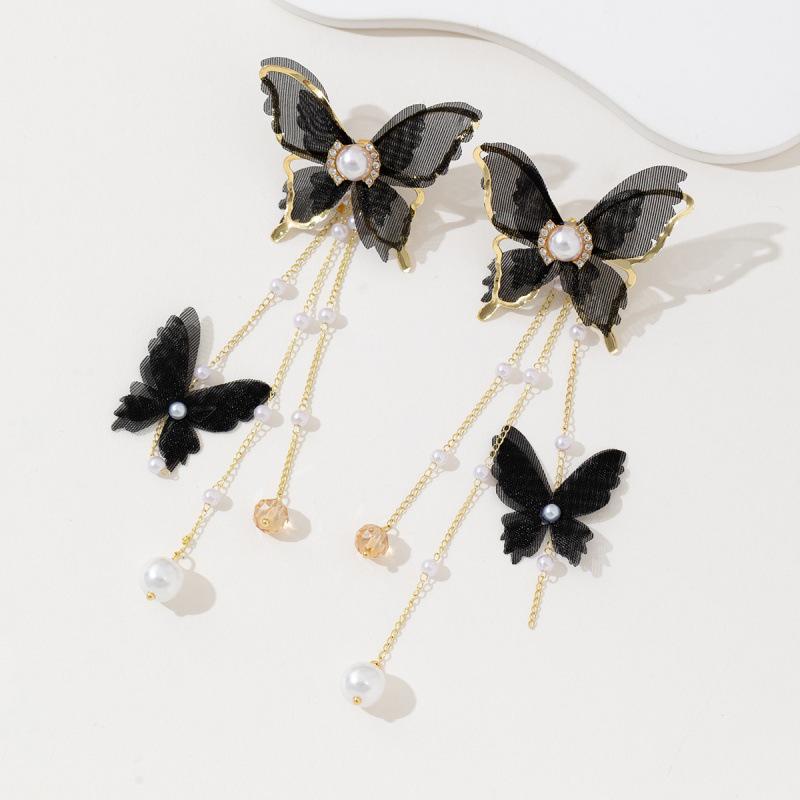 Korean Butterfly Tassel Earrings with Lace, Rhinestones, and Pearls