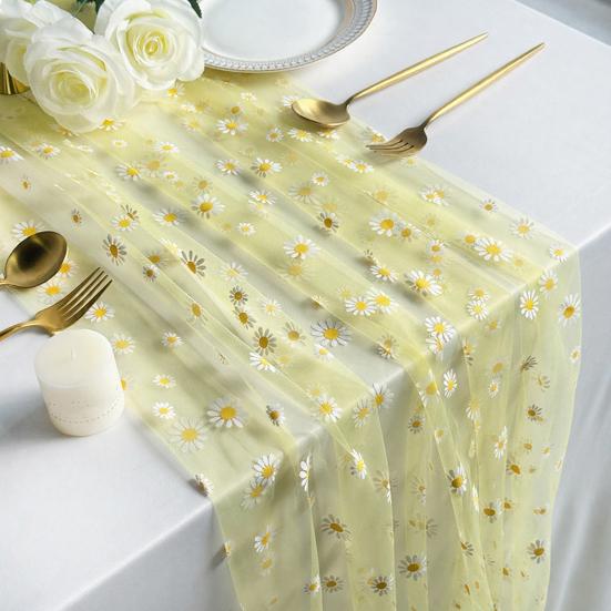 Tüll Gänseblümchen Tischläufer Frühling Blumiger Tischläufer Rustikaler Blumen Tischläufer für Hochzeit Babyparty Geburtstagsparty Bauernhaus Dekor