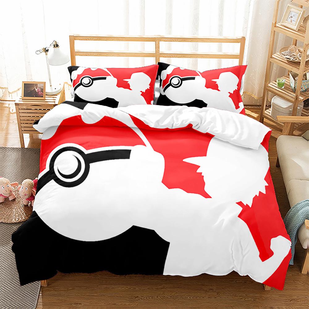 3D Digital Printing Quilt Cover Pillowcase Bedding Cartoon Pikachu Three-Piece Set Home Textile Four-Piece Set Grinding