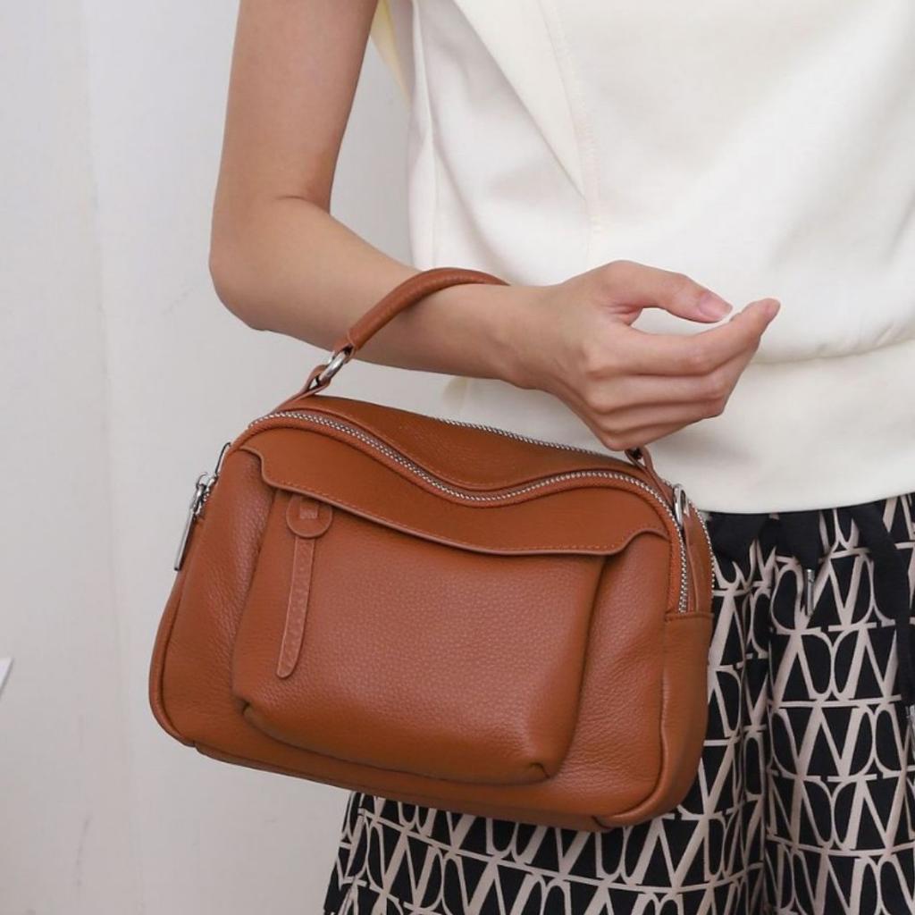 First Layer Cowhide Small Square Bag Crossbody Mobile Phone Change Popular Apple Bag Women's Shoulder Practical Solid Color Leather Bag Soft