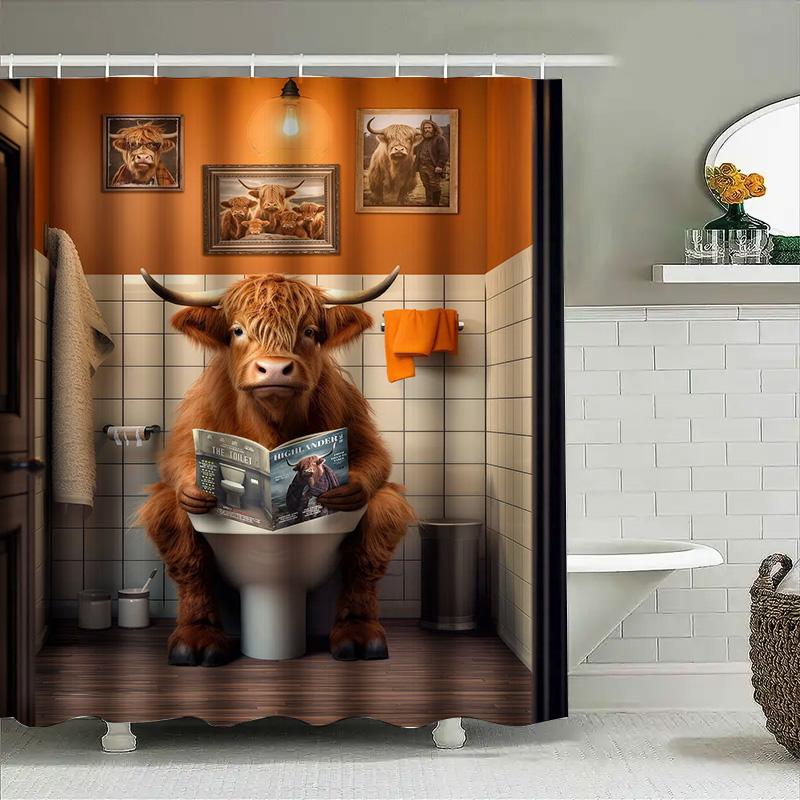 Whimsical Bathroom Shower Curtain Featuring A Humorous Highland Cow Reading Magazine In Quirky Bathroom Setting Orange Decor The