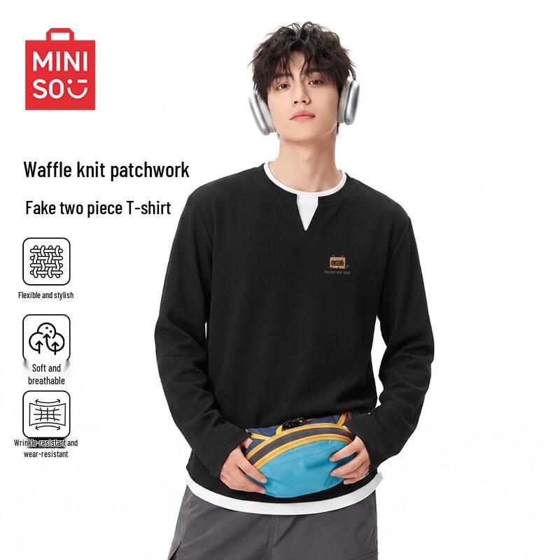 MINISO Men's Faux Two-Piece V-Neck Waffle Knit Long Sleeve Top