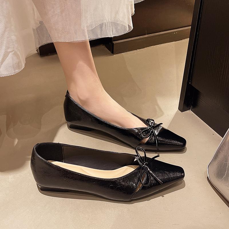 Zapatos de Salón Individuales Cuadrados Pequeños de Temperamento de Moda para Mujer Primavera y Verano Nuevos de Boca Baja Transpirables Huecos con Lazo Planos