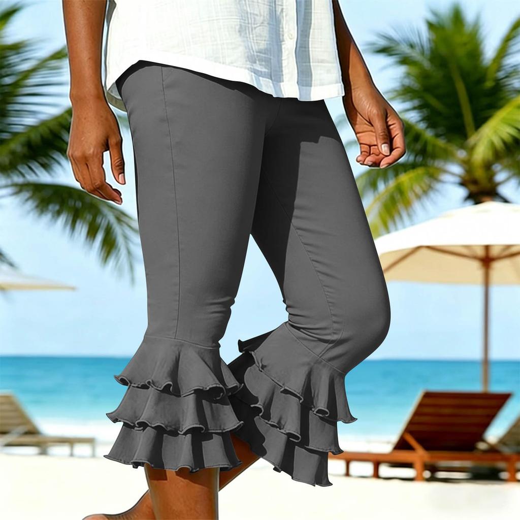 Damen Y2K Style Yoga Capri-Hose Lagen-Rüschensaum Kurze ausgestellte Leggings Sommerlich Lässig Stretch Schlanke Passform Ausgestellte Hose