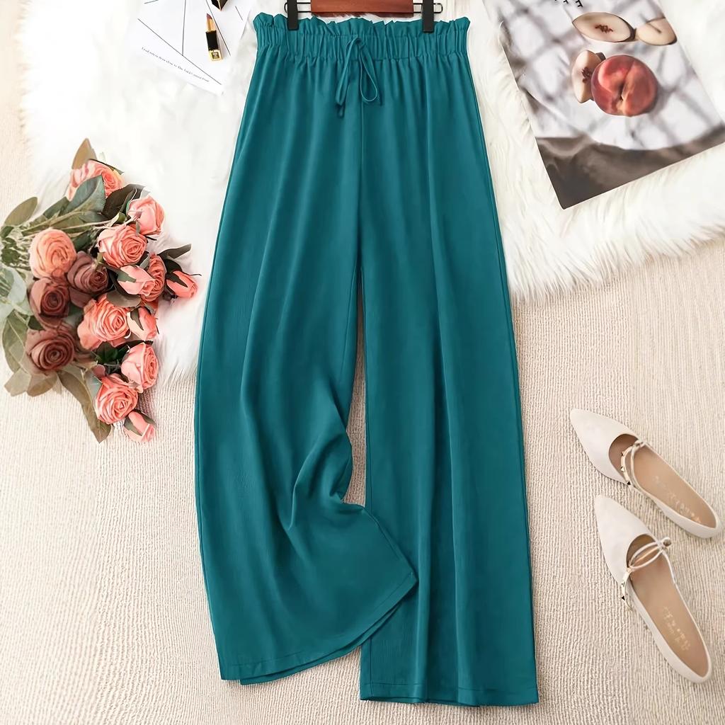 Plus Size Women Fashion Solid Color Wide Leg Pants Female Casual  Elegant Drawstring High Waisted Loose Long Trousers