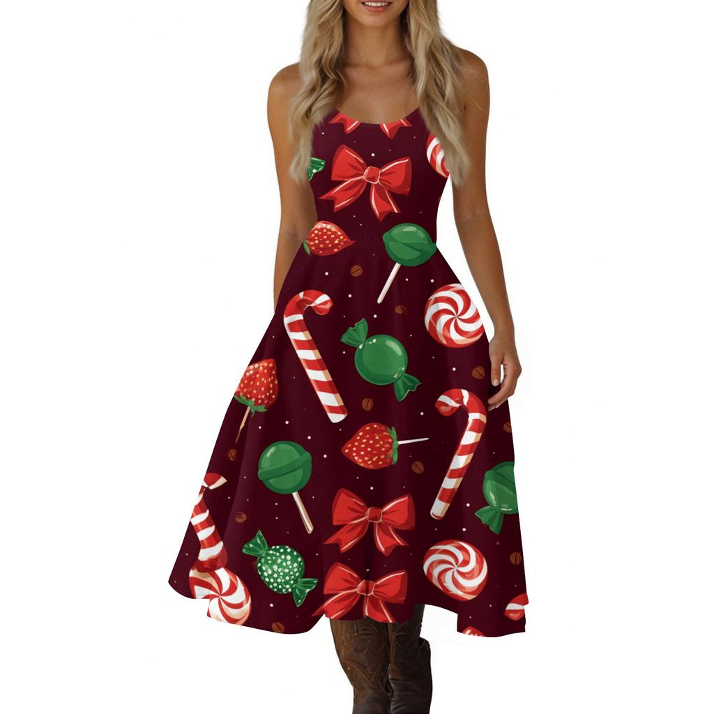 Rochie de petrecere sexy retro cu umerii goi și imprimeu de Crăciun pentru femei, pentru celebrarea sărbătorilor