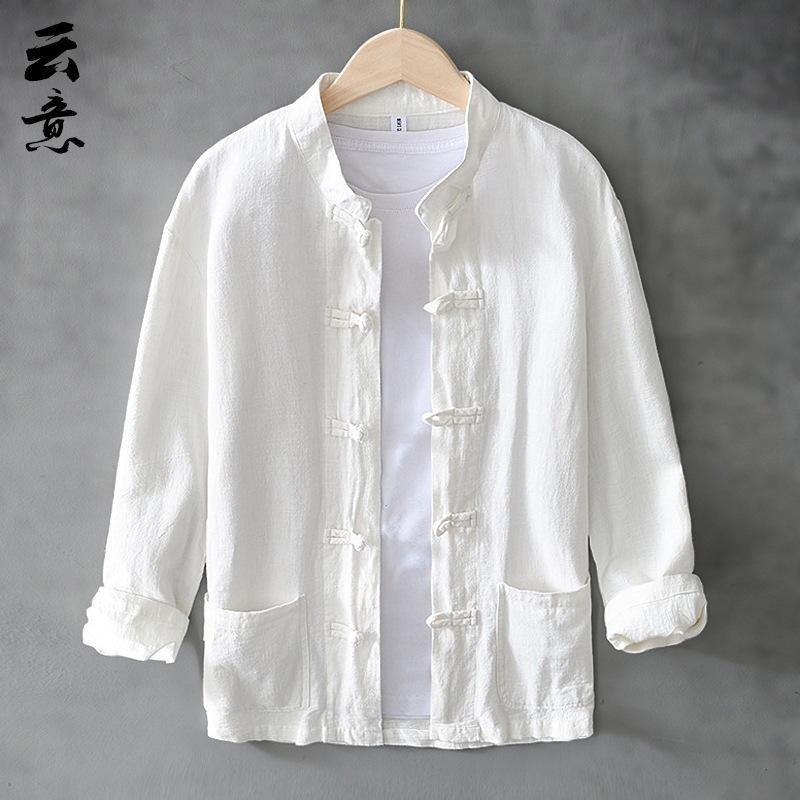 Mens Beige Linen Blend Mandarin Collar Frog Button Long Sleeve Shirt