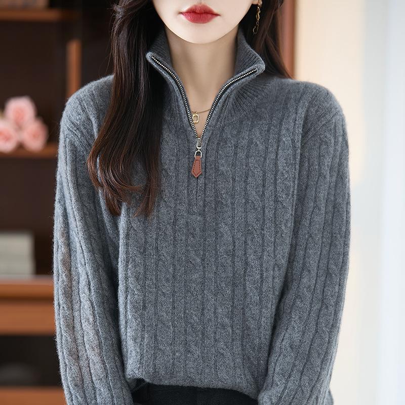 Women's Polo Collar 100% Pure Wool Sweater - Thickened, Zip-Up, Cable Knit, Long Sleeve Base Layer for Autumn and Winter