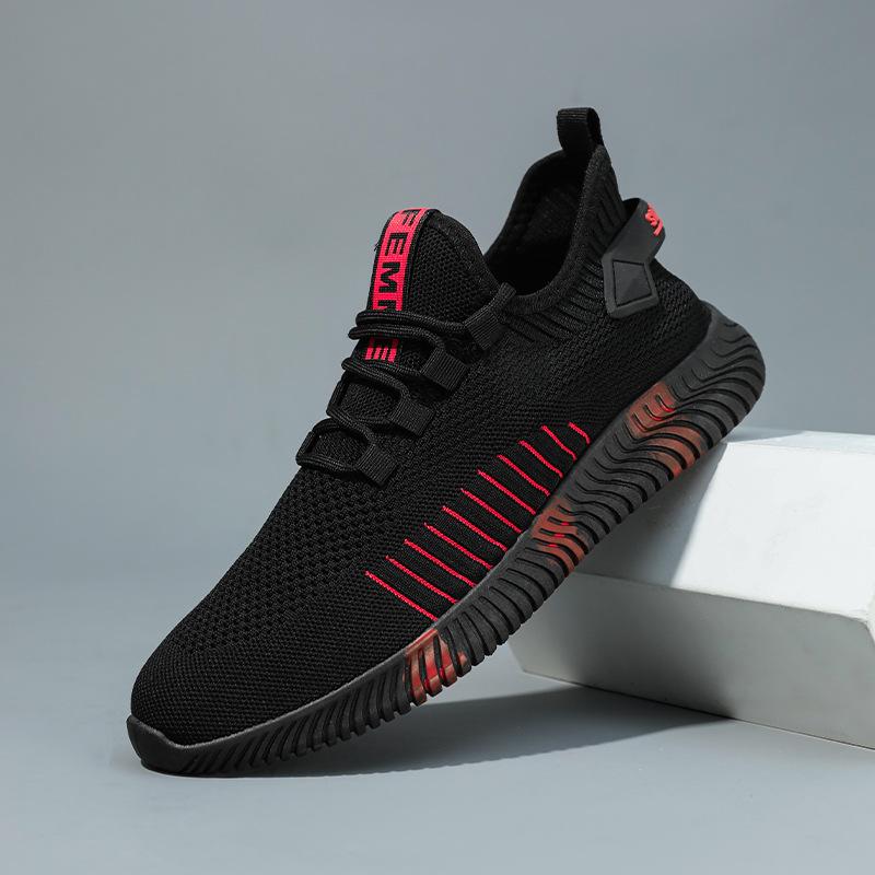 Spring new men's shoes elastic fly-woven breathable black mesh casual sports shoes lightweight one-pedal running shoes