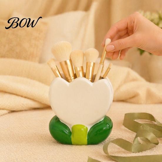 Office Desk Accessories for Women Tulip Makeup Brush Holder, Resin Cosmetic Organizer Vanity Desk, Cute Flower Pen Floral Stationery Cup