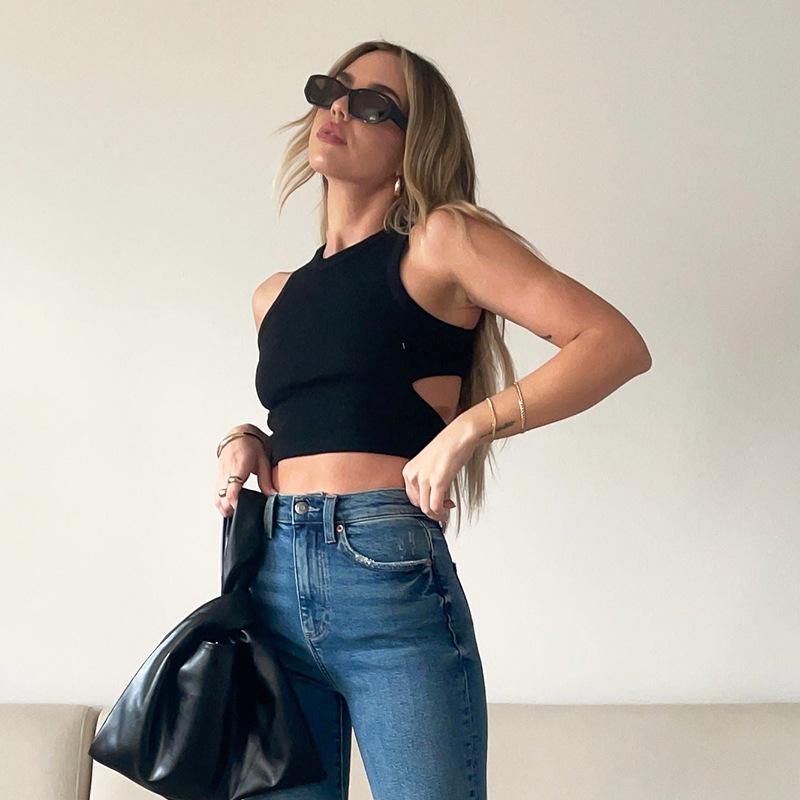 Women's Fashionable Summer Work Small Vest Sports Short Navel Hollow Out Sleeveless Tops