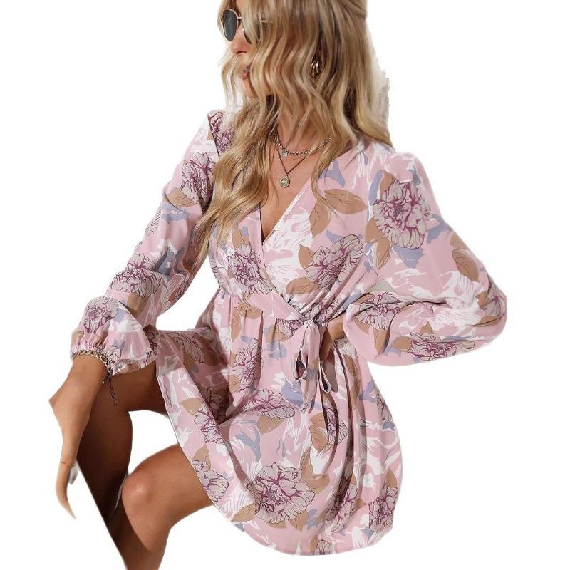 Jarní/letní dámské šaty s výstřihem do V, šněrováním a květinovým potiskem