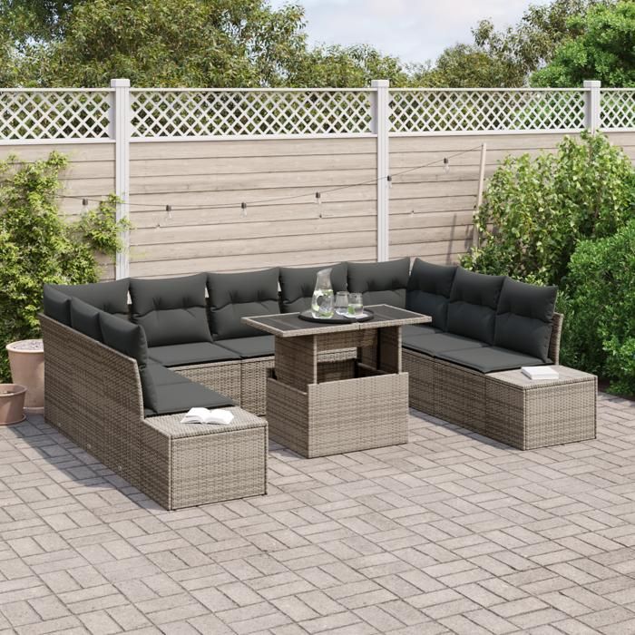 VidaXL Ensemble de canapé de jardin de 10 pièces avec coussins gris en poly rattan 3349245