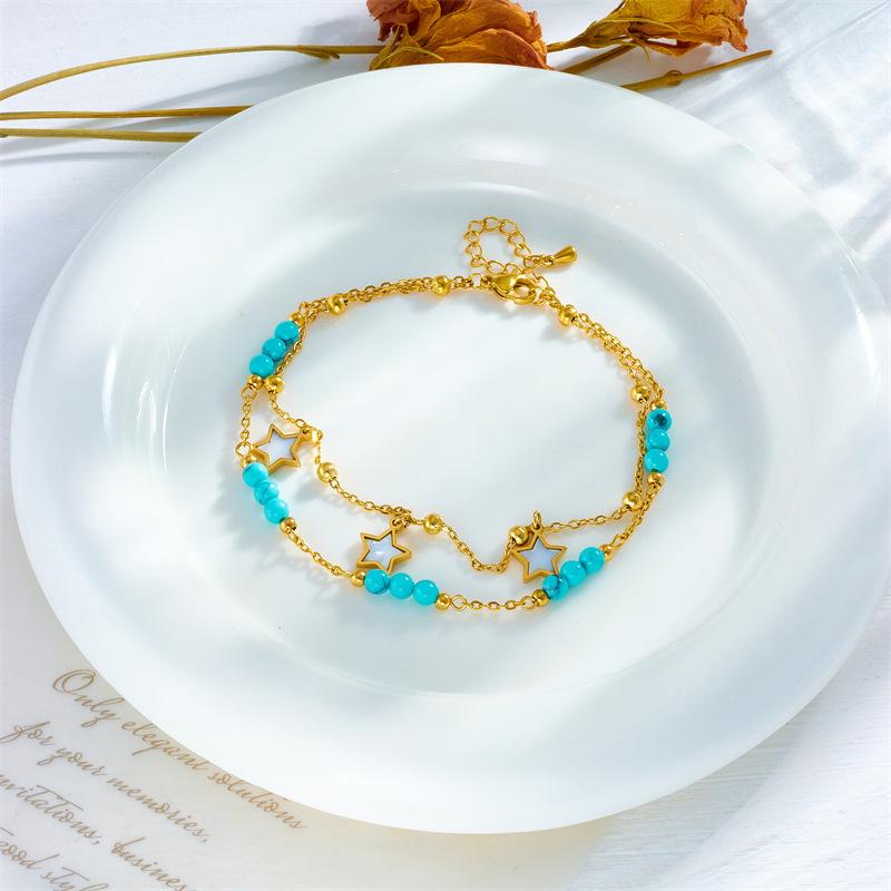 Gold Tone Double Layer Turquoise Beaded Star Charm Anklet