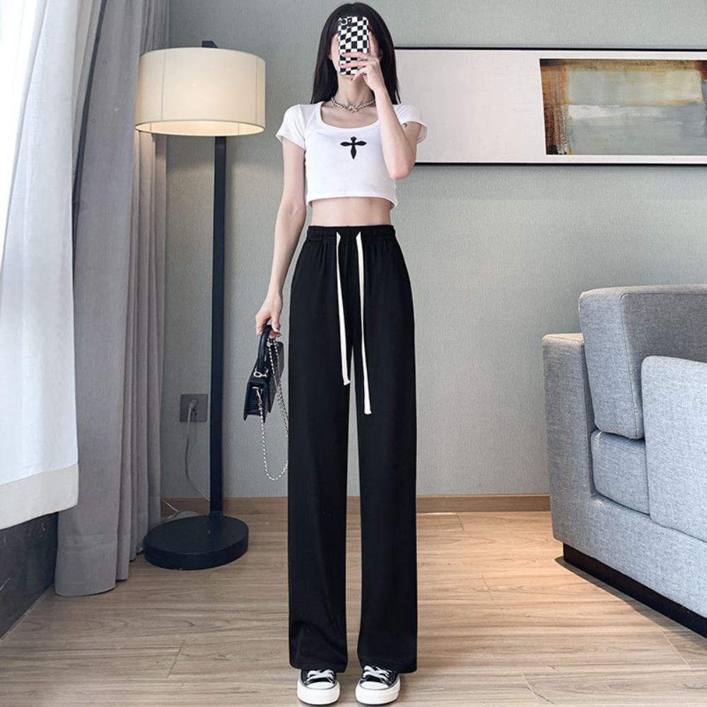 Women s Elastic Waist Wide Leg Pants Loose Fit Casual Trousers Solid Color Ice Silk Drawstring Palazzo Pants S