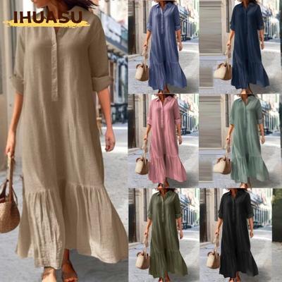 Fashion Spring Autumn Solid Color Print Long Sleeve POLO Neck Casual Dresses Unique Design
