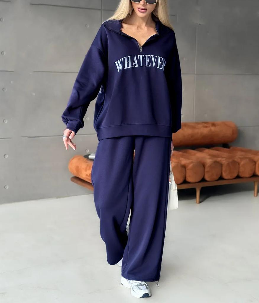 Europe, America, Cross-border, Women's Clothing 2025 New Fashion Casual Suit Printed Long-sleeved Sweater Zipper Trousers Two-piece Set