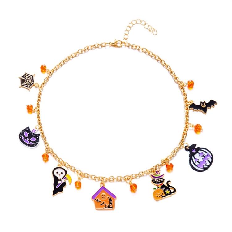 Halloween-Themen-Halskette mit Katzen-Kürbis-Anhänger, bequeme Legierung, verstellbar, Party-Schmuck