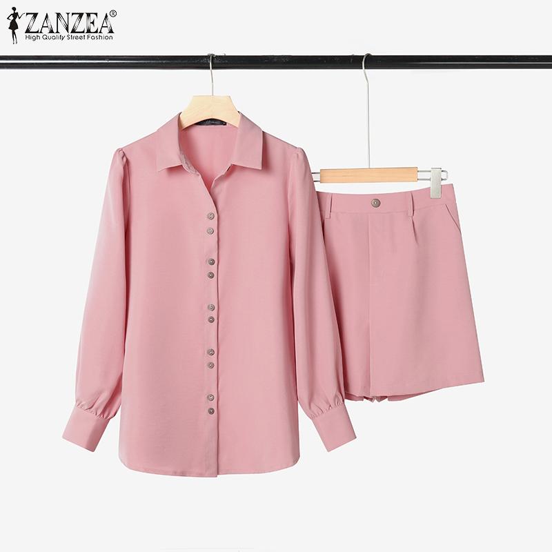 ZANZEA Women Long Sleeve Blouse and Shorts Casual Two Piece Suit Sets