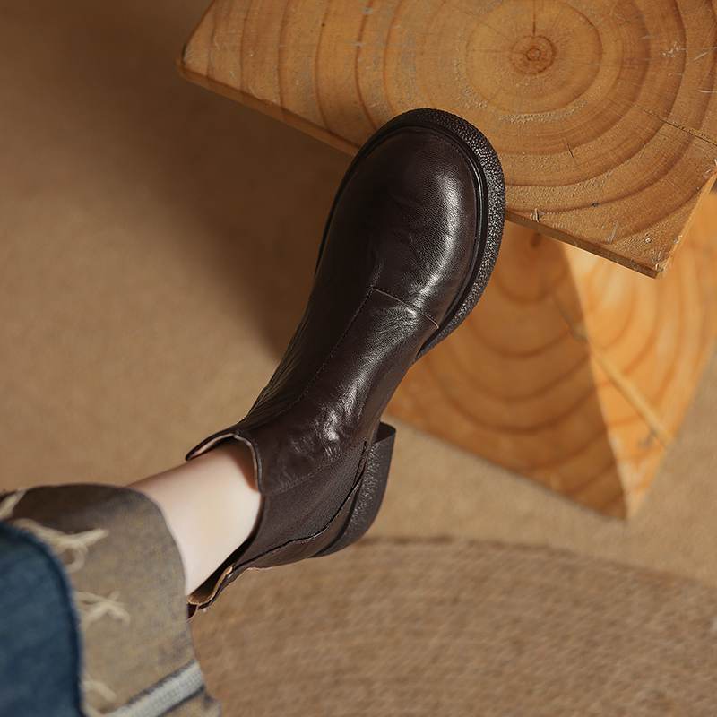 Krazing Pot Sheepskin Pleated Decoration Autumn Winter Shoes Chunky Heels Size 43 Size 42 Round Toe Slip on Retro Fashion Ankle Boots