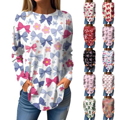 Women's  Loose Casual Bow Printed Round Neck Long Sleeved T Shirt Top Pullover Long Sleeved Sweatshirt