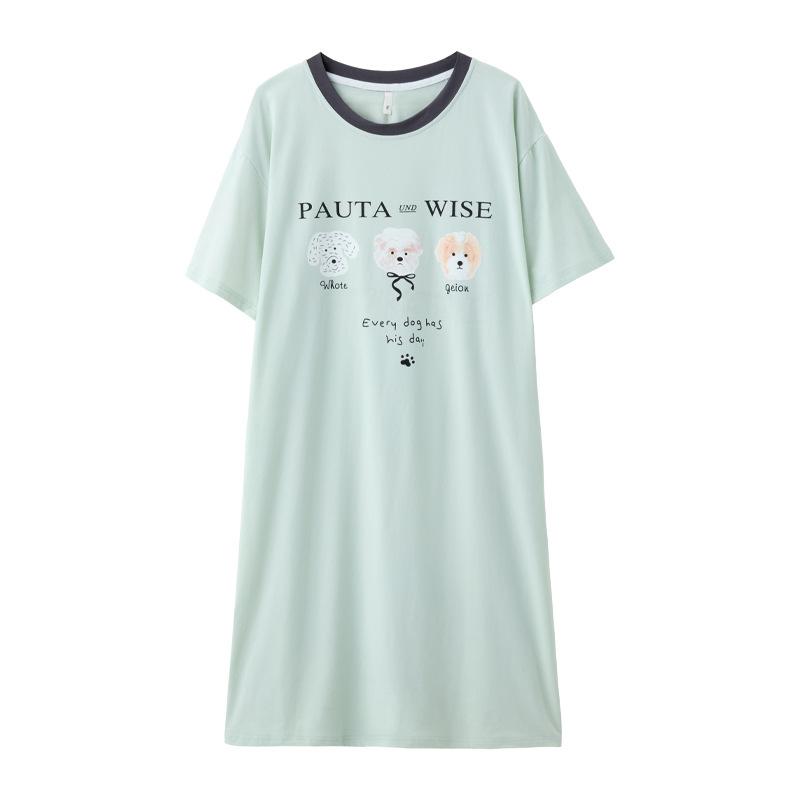 Pure Cotton Nightdress with Chest Pad Women's Short-sleeved Summer Thin 1011 Cute Cartoon Loose Dress Loungewear